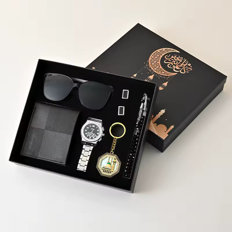 Coffret Cadeau Homme 5 Pièces – Montre, Lunettes, Portefeuille, Porte-clés & Chapelet ( Plusieurs coloris )