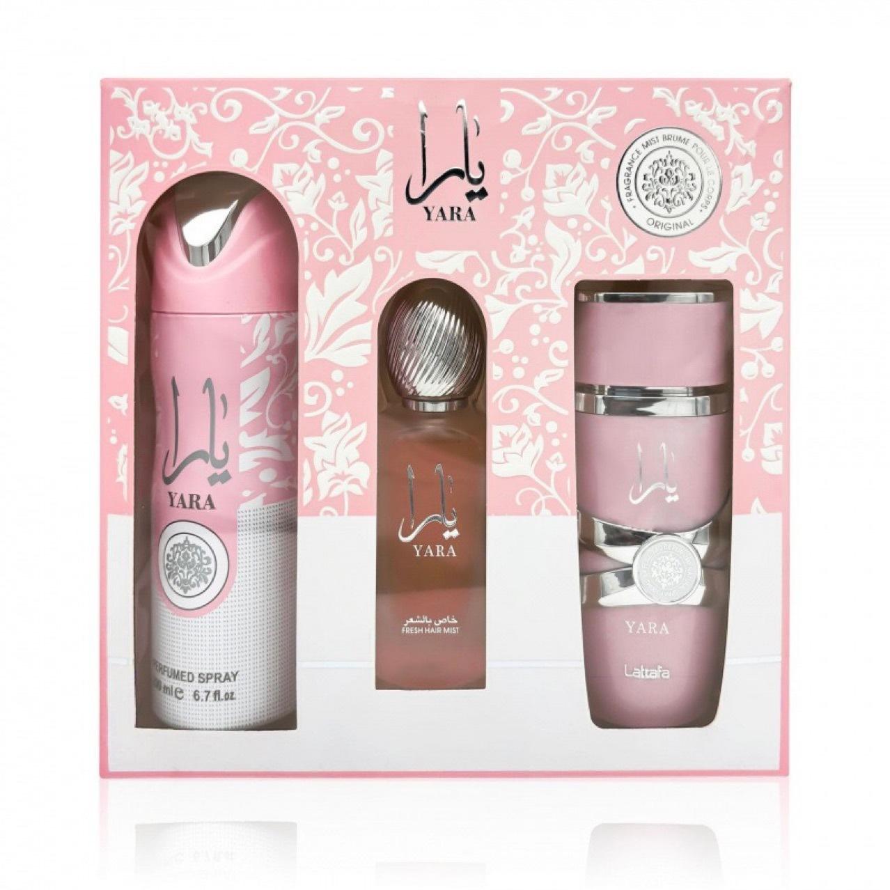 Coffret Trio Parfum YARA Femme – Eau de Parfum, Brume Cheveux & Spray Parfumé