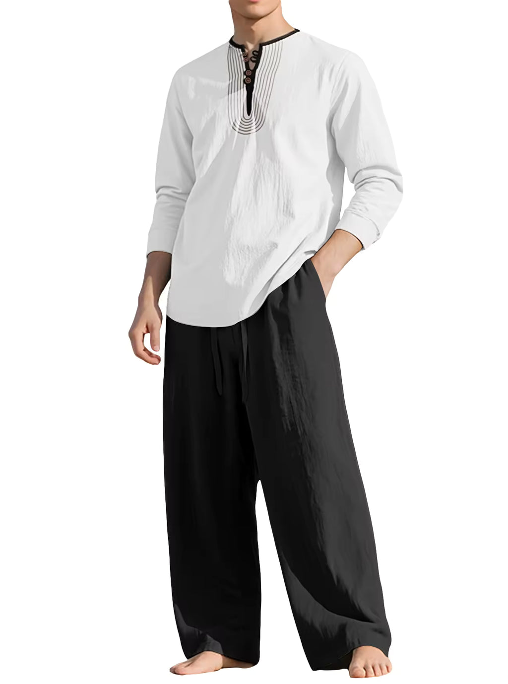 Ensemble Qamis Homme en Lin – Haut Manche Longue & Pantalon Long Élégant