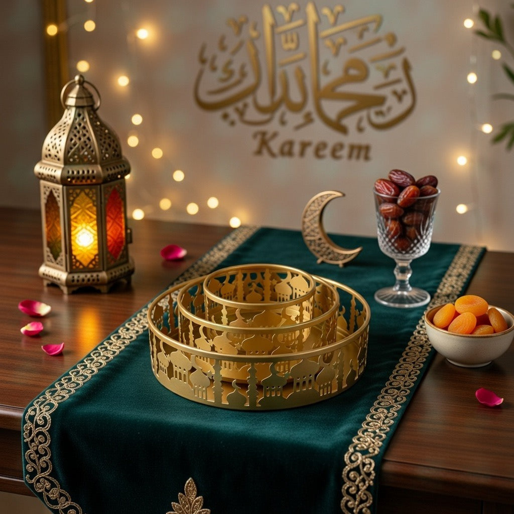 Plateau Décoratif Islamique 3 en 1 Blanc & Doré – Accessoires Ramadan