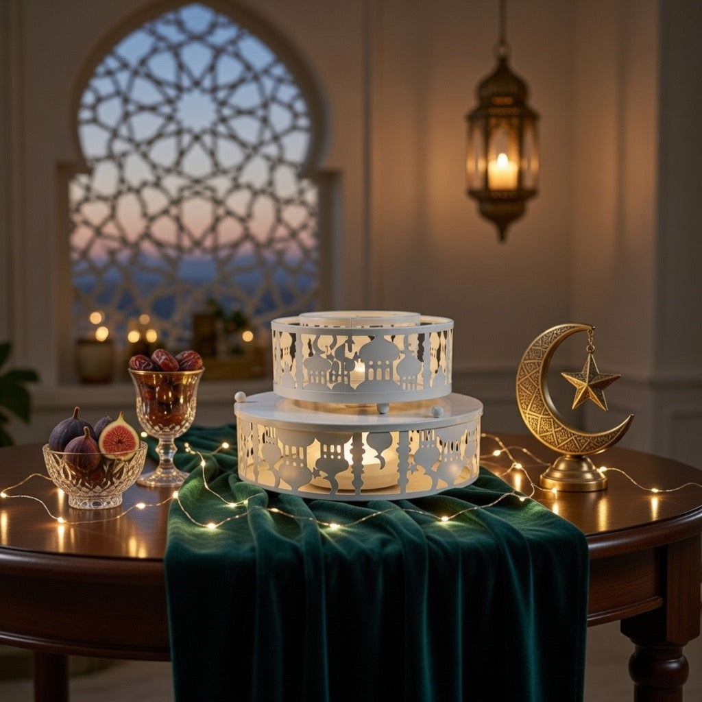 Plateau Décoratif Islamique 3 en 1 Blanc & Doré – Accessoires Ramadan