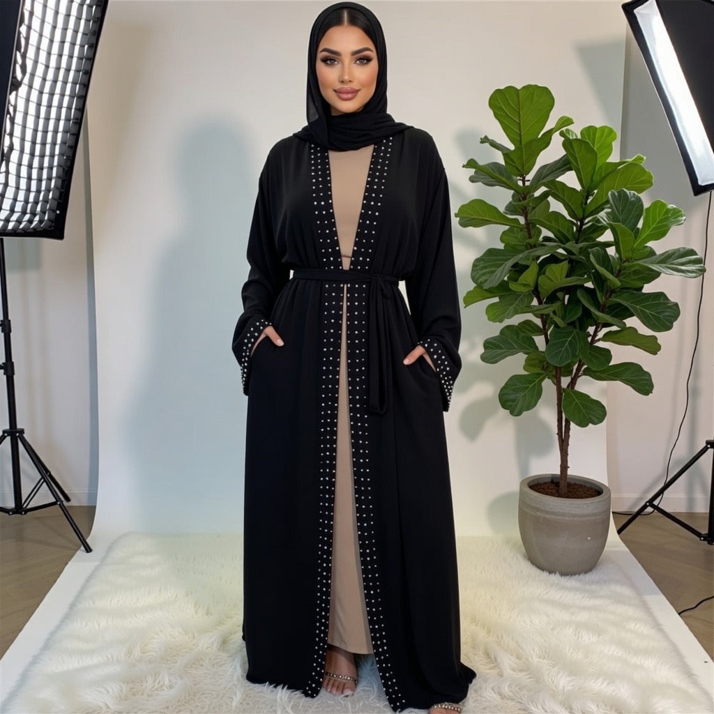 Abaya Femme Perlée avec Ouverture Frontale et Ruban à Nouer – Élégance Raffinée
