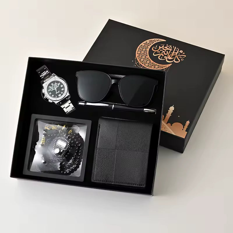 Coffret Cadeau Homme 5 Pièces – Montre, Lunettes, Portefeuille, Porte-clés & Chapelet ( Plusieurs coloris )
