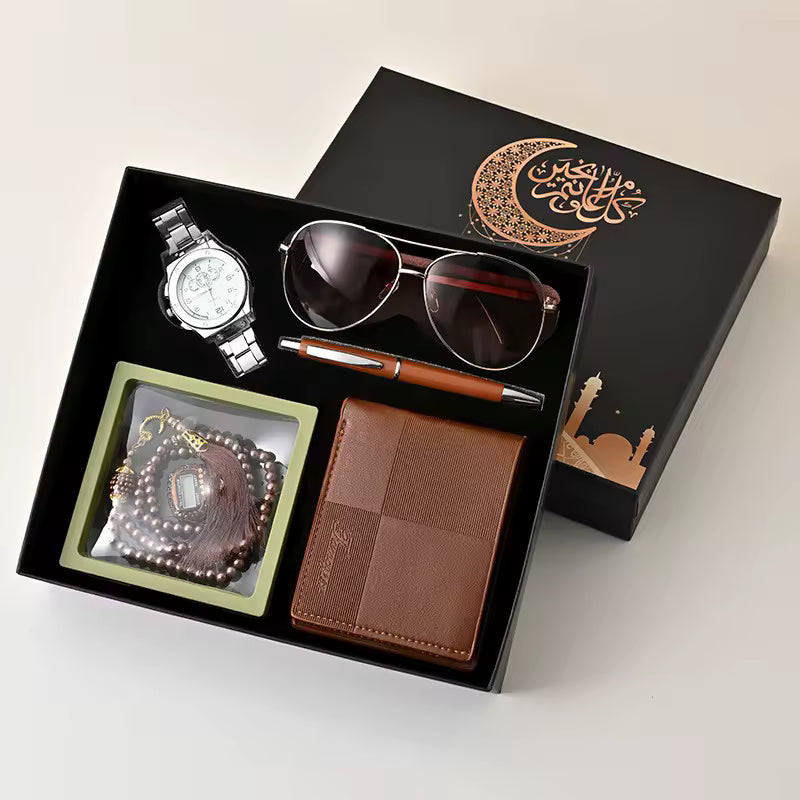 Coffret Cadeau Homme 5 Pièces – Montre, Lunettes, Portefeuille, Porte-clés & Chapelet ( Plusieurs coloris )