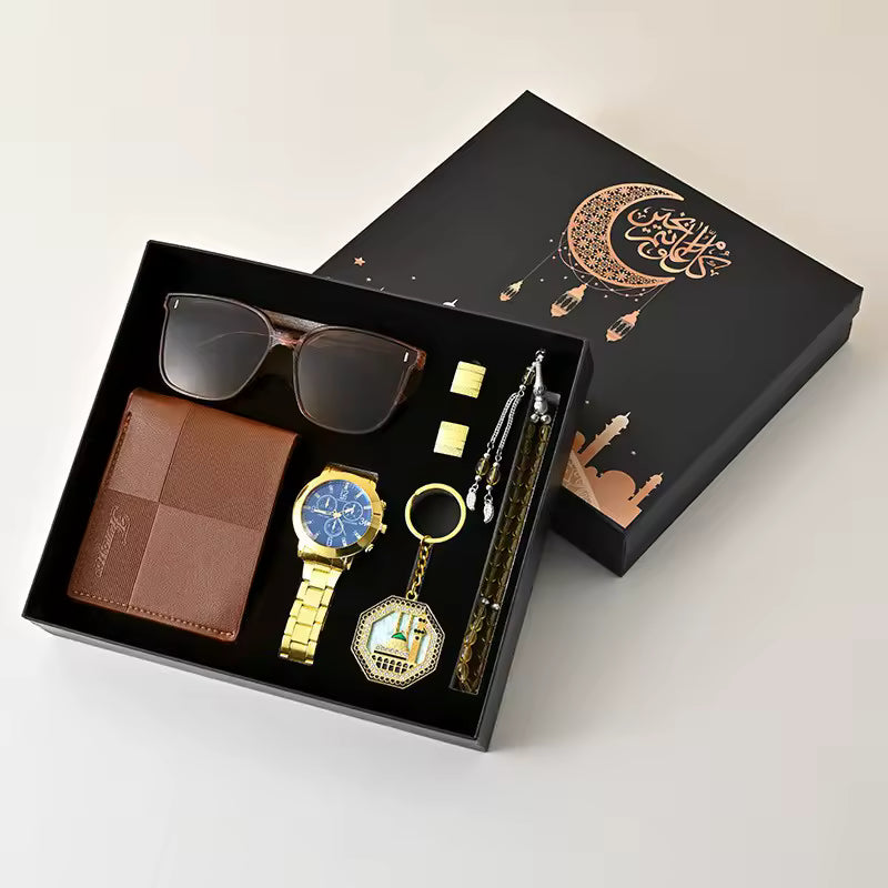 Coffret Cadeau Homme 5 Pièces – Montre, Lunettes, Portefeuille, Porte-clés & Chapelet ( Plusieurs coloris )